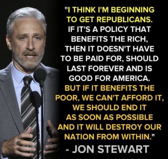 Comedian Jon Stewart finally understands the Republicans: Fiscal responsibility is a requirement only for spending programs that help the poor
