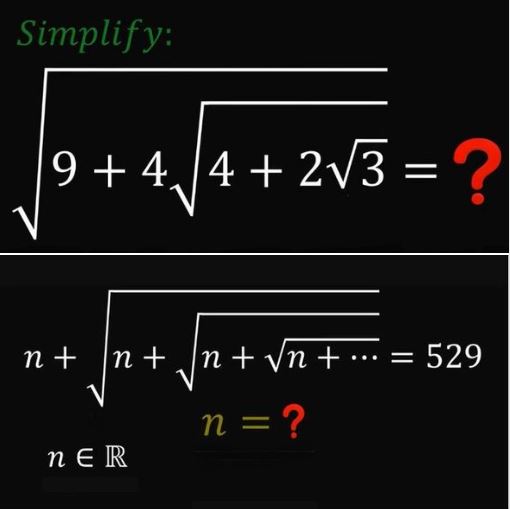 Two math challenges: Simplify the first expression to the extent possible and solve the equation for n