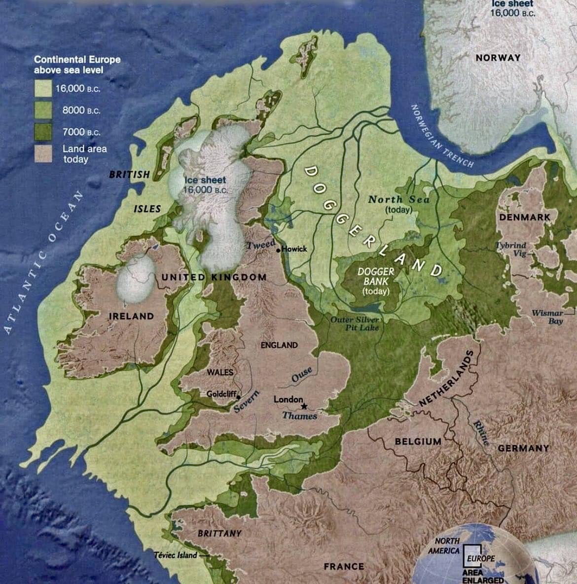 Map: Just 9000 years ago, Britain was connected to continental Europe by an area of land called Doggerland, which is now submerged beneath the southern North Sea