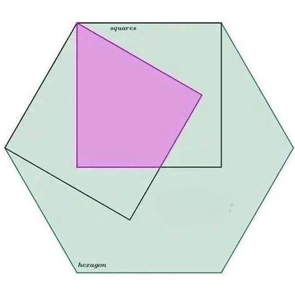 Math puzzle: In this diagram with a regular hexagon and two squares, what fraction of the hexagon's area is shaded purple?