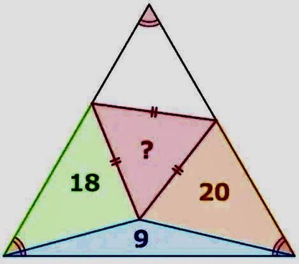 Find the area of the smaller of the two equilateral triangles, given the areas of three other triangles