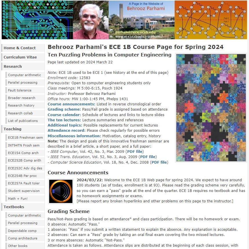 Image of Web page for ECE 1B, a spring 2024 course at UCSB