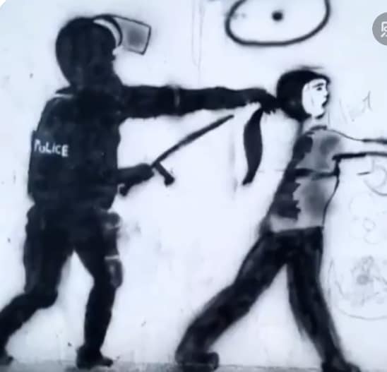Street art in Tehran's Ekbatan neighborhood, depicting the brutality of security forces against women