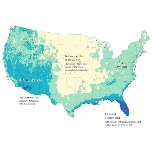 Range of accurate weather forecasts in the US: Map