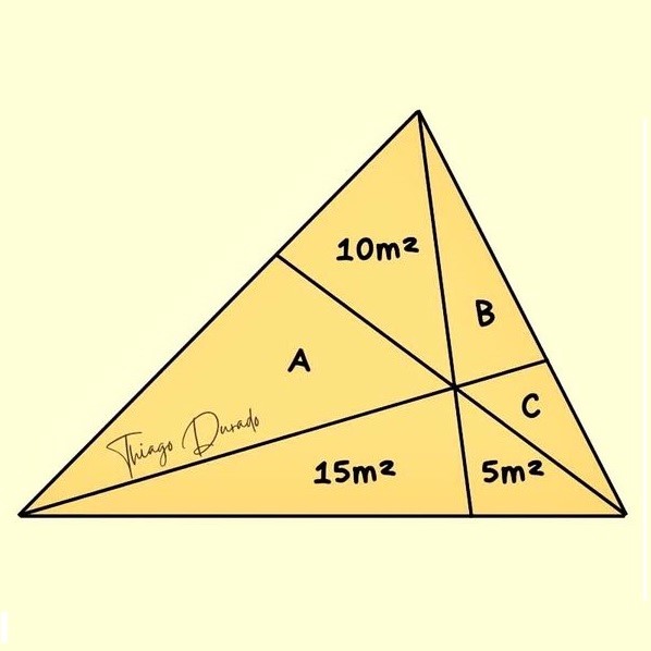Math puzzle: Determine the areas A, B, and C of the three triangles