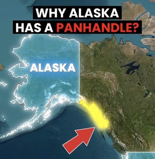 Alaska’s panhandle: The border between Alaska and Canada’s Yukon Territory is a straight line, but, at its southeastern corner, Alaska extends over a narrow strip of land along the Pacific Ocean