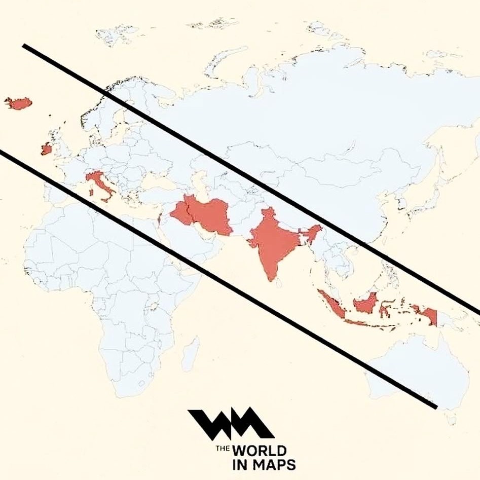 All countries whose names begin with the letter 'I' are located on the strip shown on this map