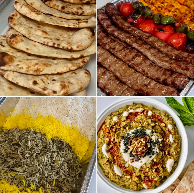 Persian cuisine: A typical catered meal, with chelow-kabob and kashk-e bademjan (an eggplant appetizer)